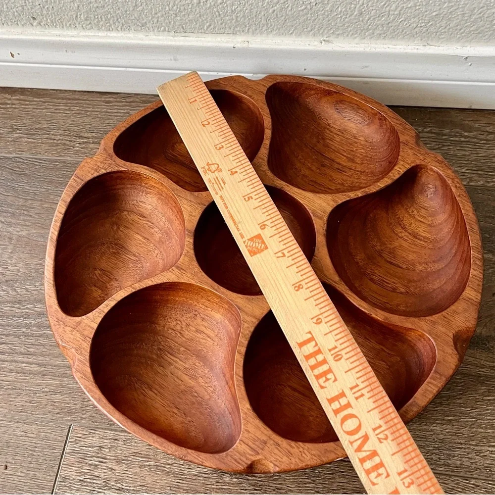 Vintage Teak Wood Lazy Susan Carousel Serving Bowl 12